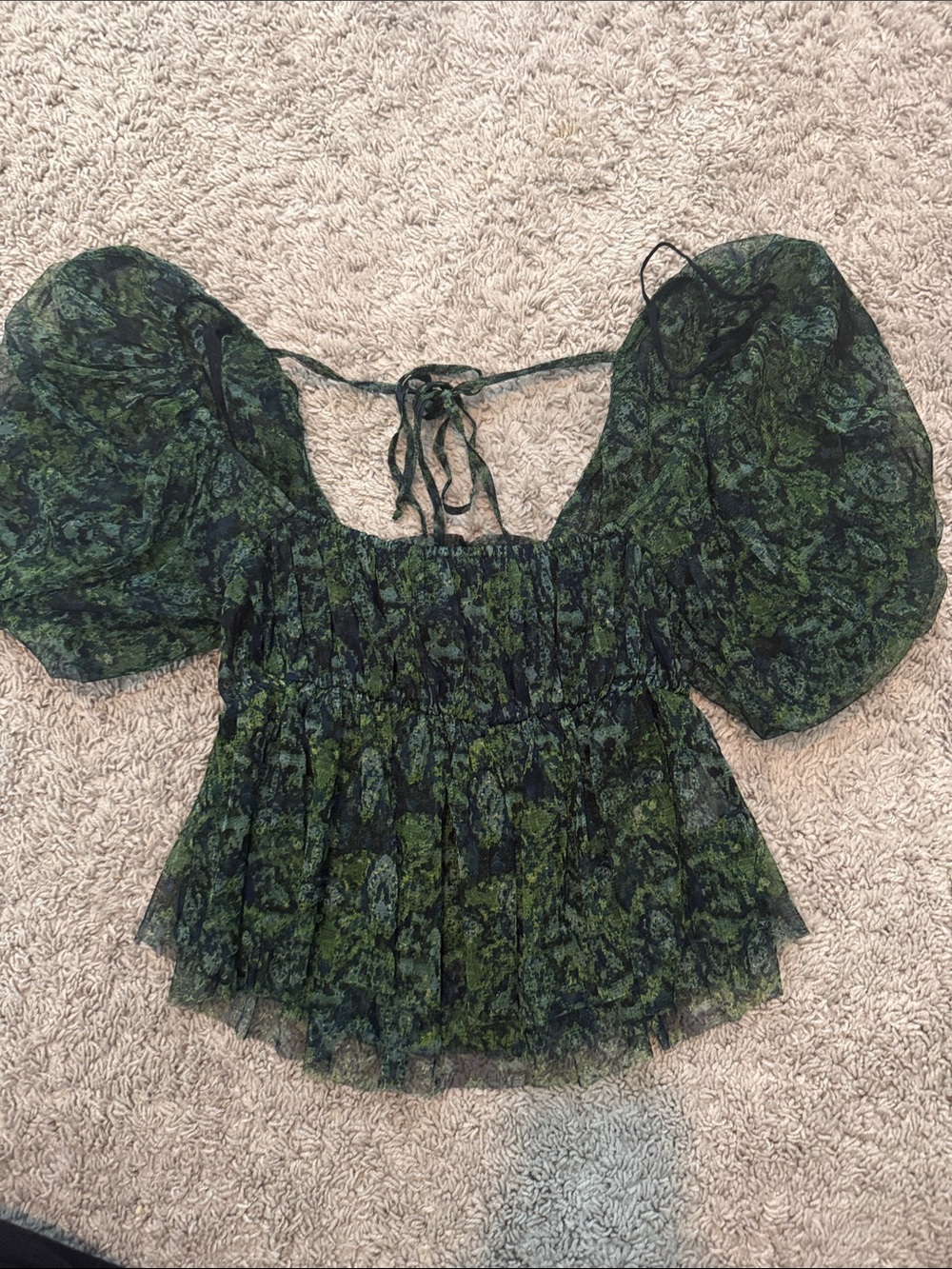 Free People Green and Black Printed Puff Sleeve Top